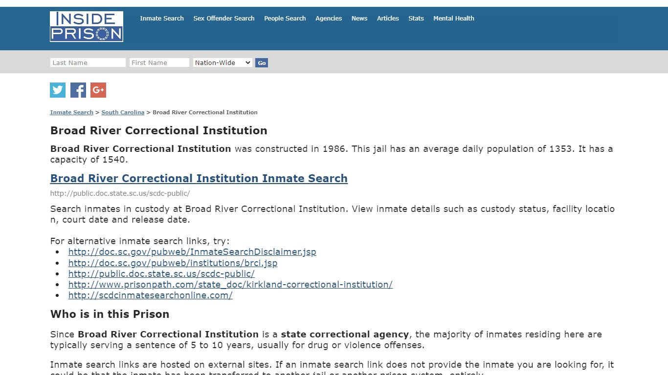 Broad River Correctional Institution - Inmate Search